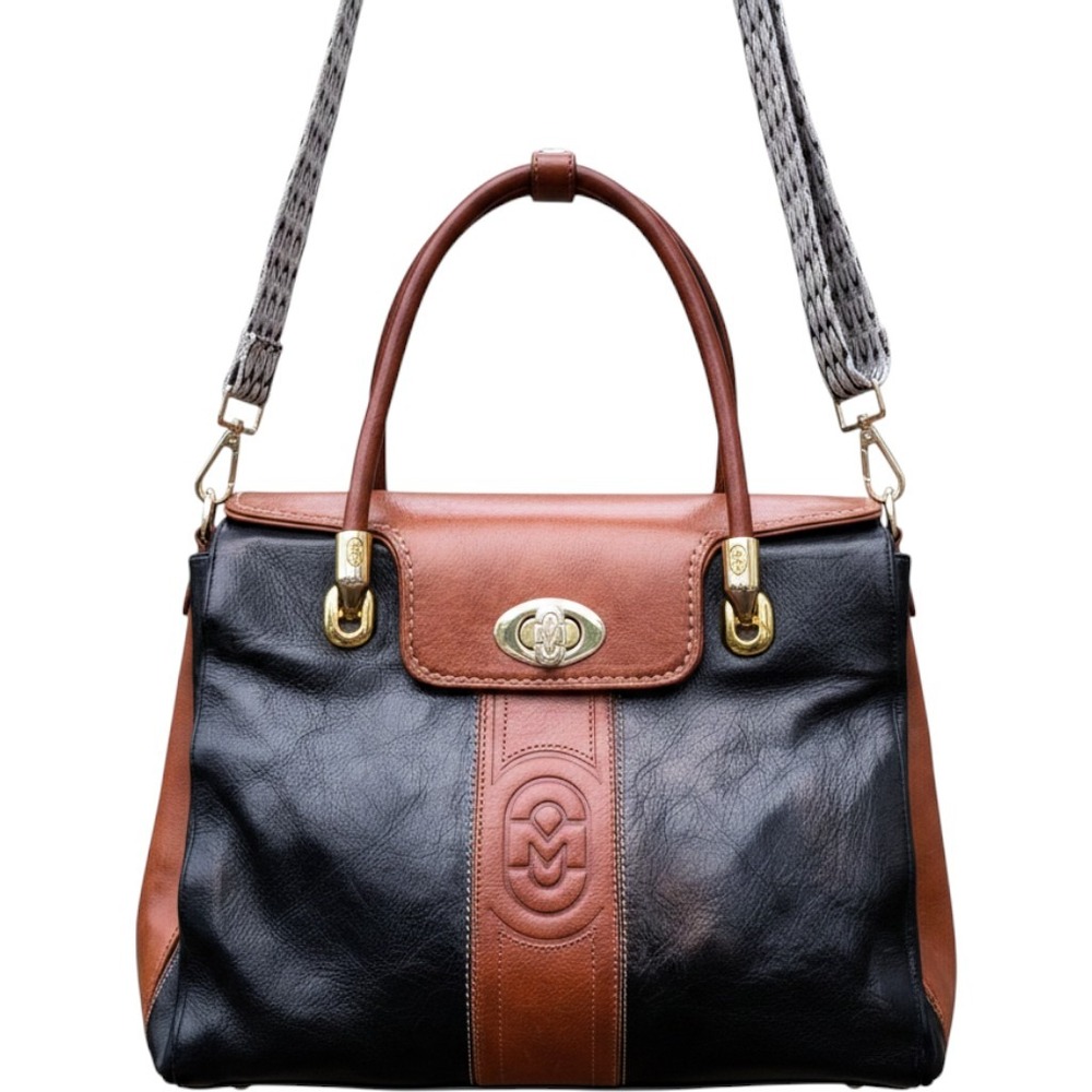 Vintage Marino Orlandi Italian Designer Leather Bag Black Cognac Made in Italy